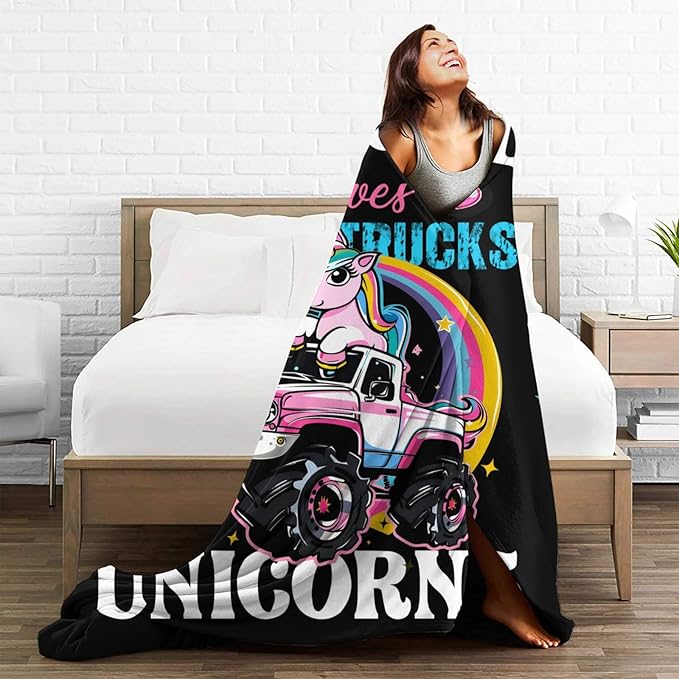 Just A Girl Who Love Trucks Unicorns Blanket Truck Unicorn Decor Throw Blanket Gifts for Girls Boys Super Warm Soft Plush Fleece Flannel Blanket Couch Bedding Blanket for Adults Kids Women Men 80"X60"