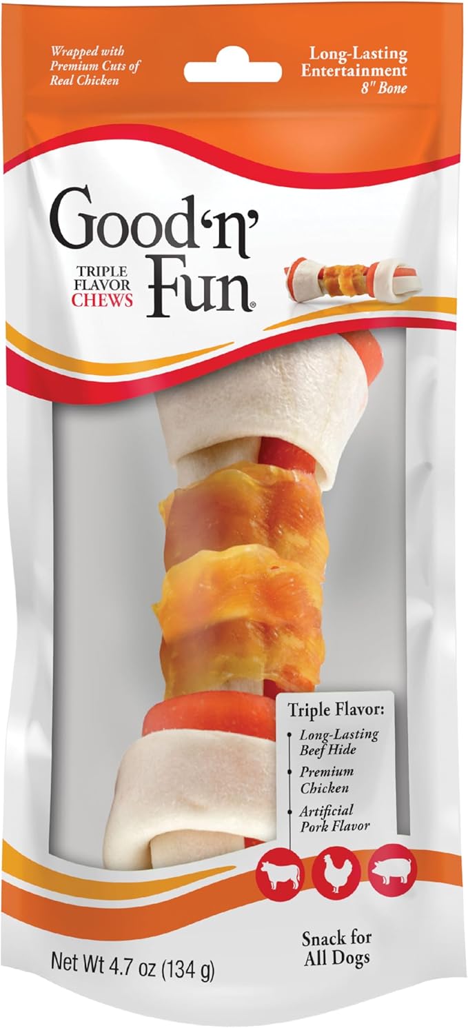 Good ‘n’ Fun Triple Flavor 8-Inch Bone for All Dogs, 1 Count, Treat Your Dog to Long-Lasting Chews Made with Beef Hide, Chicken and Artificial Pork Flavor