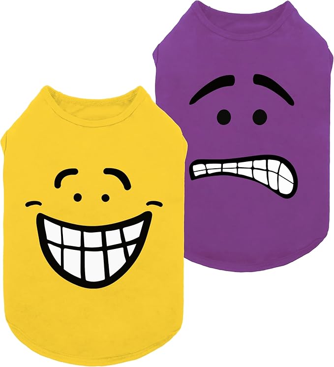 Fitwarm 2 Pack Happy Scary Expression Dog Shirt, Funny Clothes for Small Dogs Boy Girl, Pet Outfit, Yellow, Purple, Medium