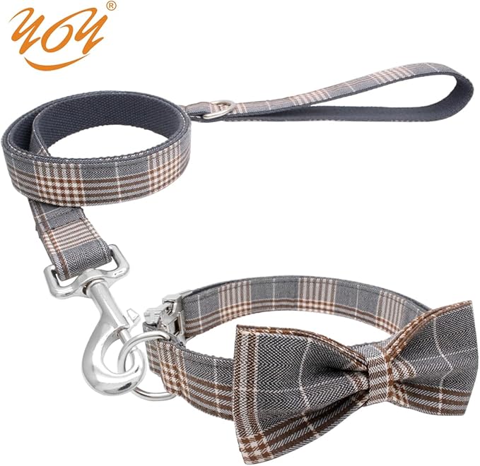 YOY Soft Comfortable Adjustable Pet Collar with Bowtie, Heavy Duty Dog Collar and Leash Set for Small Medium Large Dogs Cats, Puppy Grooming Doggy Accessories, Length 18" - 26"