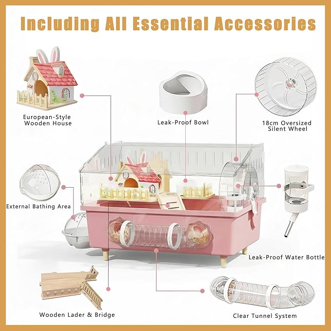 Pink Acrylic Hamster Cage - 18" Small Animal Home with 180° View, Extra Deep 5.5" Base, 8" Silent Wheel & Expansion Ports - for Dwarf Hamsters, Gerbils, Mice