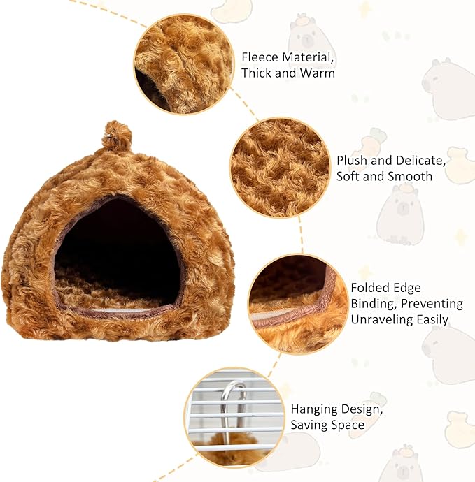 PINVNBY Guinea Pig Hideout Bed Hamster Cave Warm Bunny Bed Dwarf Rabbit House Bed Hedgehog Cage Accessories Winter Sleeping House for Hedgehog Ferret Rat Chinchilla and Other Small Animals（Brown）