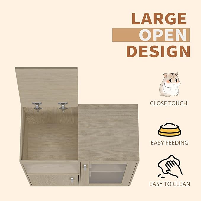 Hamster Cage Furniture with Storage Cabinet, House for Rat Chinchilla, 4-Tier Wood Habitat with Small Animal Cage for Rat, Hedgehog,Chinchilla with Openable Top (Teak)