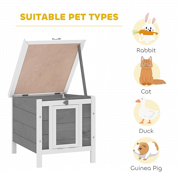 PawHut Small Wooden Rabbit Hutch Bunny Cage Guinea Pig Cage Duck House Dog House with Openable & Waterproof Roof, for Rabbits, Chickens, Ducks, Gray