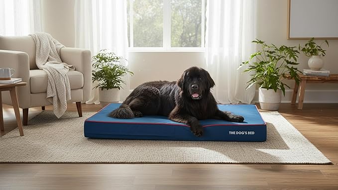 The Dog’s Bed Orthopedic Memory Foam Dog Bed for XXL Dogs, Waterproof Washable Cover, Anti-Slip Base, Calming Surface – CertiPUR-Certified Foam, Blue with Red Trim, 6 Inch Thick