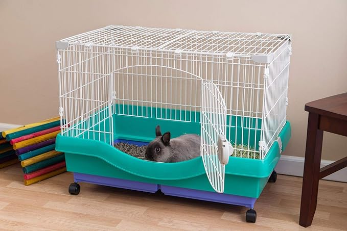 IRIS USA Large Portable Wire Rabbit Cage with Top Access and Two Tray Division, Easy Access Secure Lock and Easy to Clean Movable House for Small Sized Animals Rabbit Guinea Pigs Rat Hamster, Green