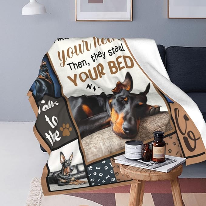 Doberman Gifts Blanket, Dog Throw Blankets, Doberman Gift for Women Boys Girls Men Lover Adult Cozy Fleece Flannel Bedding Stuff Animal Plush for Couch Sofa Bed Decor 60"X50"