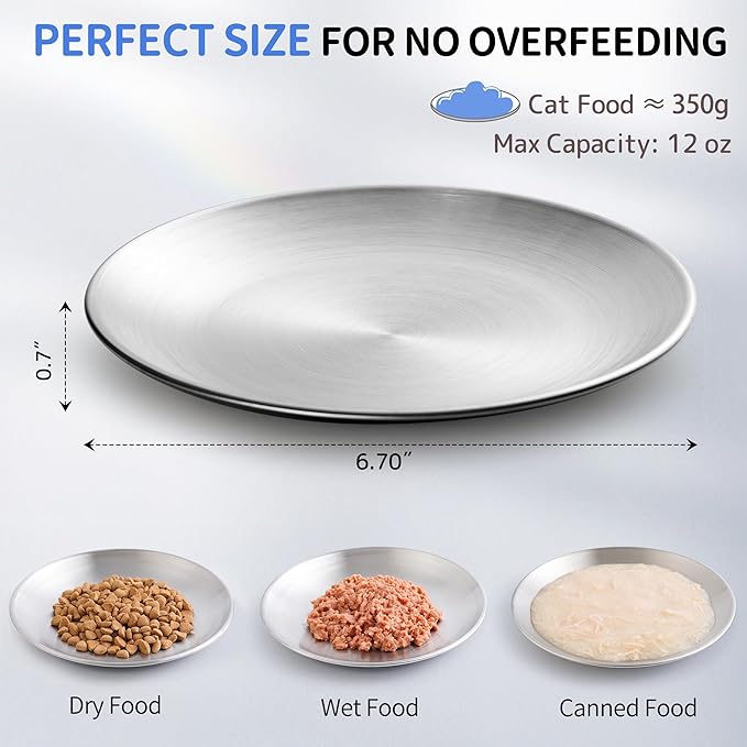 WROSWT 304 Stainless Steel Cat Plates for Wet food, 6.7" Shallow/Wide Whisker Friendly Cats Food Bowls, Non-Slip Silicone Base,Easy to Clean Indoor Cat Feeding Dishes, 6 Pack