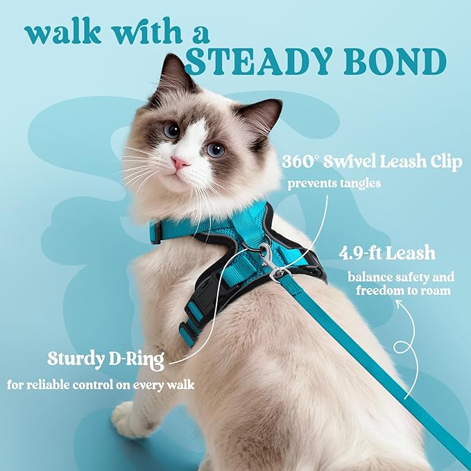 rabbitgoo Cat Harness and Leash for Walking, Escape Proof Soft Adjustable Vest Harnesses for Cats, Easy Control Breathable Reflective Strips Jacket, Teal, S