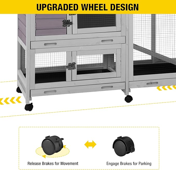 Aivituvin Rabbit Hutch 62" Rabbit Cage Indoor Outdoor Guinea Pig Cage on Wheels Bunny Cage with 3 Deep No Leakage Pull Out Tray,Waterproof Roof (Grey)