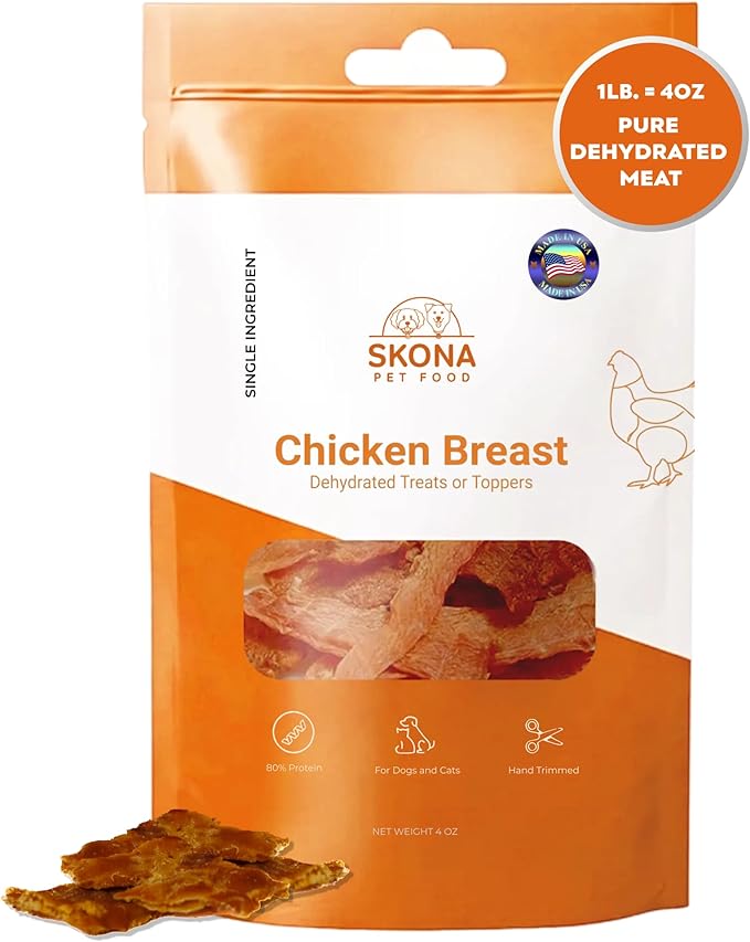 Skona PetFood Premium Chewy Dehydrated Chicken Breast Jerky for Dogs & Cats, 1 lb of Chicken Breast Dehydrated to 4 oz, Single Ingredient High Protein Training Treat, Supports Digestion & Liver Health