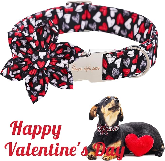 Unique style paws Valentine's Day Dog Collar with Flower Tie Black & Red Heart Puppy Collar Best Gothic Style Gift for Small Medium Large Boys Girls-S