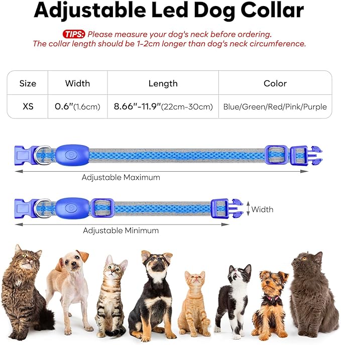 Flashseen LED Dog Collar, Light Up Dog Collar USB Rechargeable, Brightest Dog Lights for Night Walking, Adjustable Dog Collar Light for Dog Safety (Blue, X-Small)