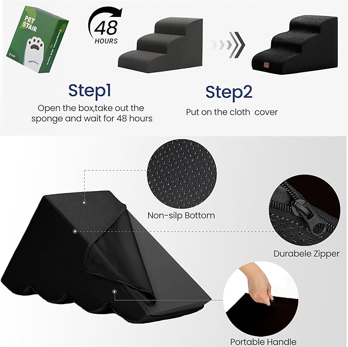 GoGoBunny Ramp Dog Stairs for Couch Sofa and Chair 11.8" H, 2-Step Pet Steps for Small Dogs and Cats, Non-Slip Waterproof Fabric Cover, Stable and Balanced Indoor Step, Pets Friendly, Black