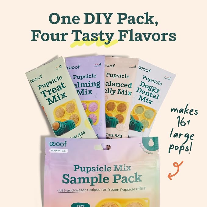 WOOF Pupsicle Mix Sample Pack - Easy-to-Make DIY Pupsicle Refills - Delicious Mix for The Pupsicle Interactive Dog Toy - with Bacon & Cheese, Calming, Balanced Belly, and Dental Mix - 4 Pack Sampler