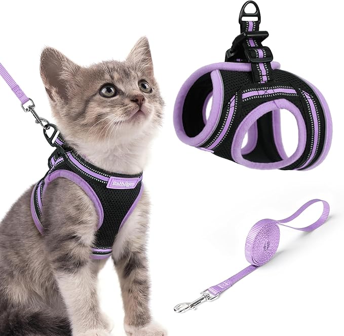 rabbitgoo Cat Harness and Leash Set for Walking Escape Proof, Adjustable Soft Kittens Vest with Reflective Strip for Cats, Comfortable Outdoor Vest, Black & Light Purple, S