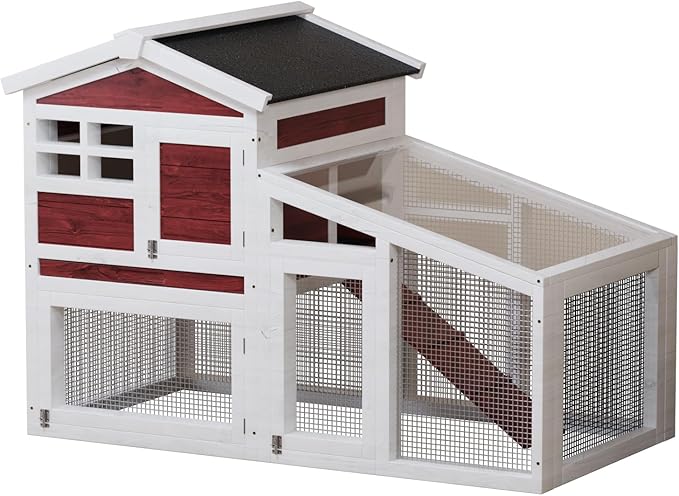 Garvee Wooden Rabbit Hutch Indoor and Outdoor, Rabbit Cage with Removable Wire Netting and Leak Proof Tray, Weatherproof Bunny Cage with Anti-Chew Metal Frame Ramp for Small Animals Rufous White