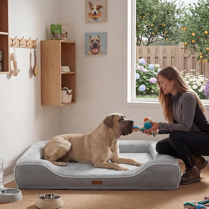 Extra Large Orthopedic Dog Bed with Cooling Gel Memory Foam,Waterproof XXL Dog Couch Bed with Removable Washable Cover,48inch Pet Sofa with High Resilience Foam Sides for Old Pets,Grey,48.0"X35.0"