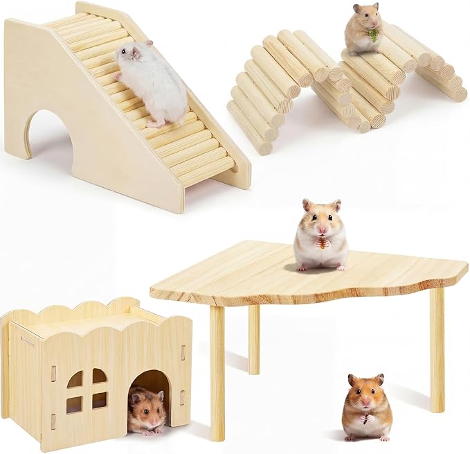 BreezeHug 4 Pcs Hamster Platform Hideout Wooden Tunnel Ladder Playhouse Hamster Game Climbing Toy with Platform Cage Accessories for Small Pets Dwarf Syrian Mice Degus Gerbils Squirrel(Wave)
