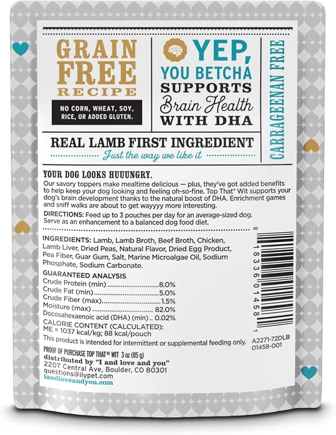 I and Love and You Wet Dog Food Toppers - Top That Wit Lamb Recipe in Gravy, Filler Free, Meal Enhancer Topper, 3oz 12pk