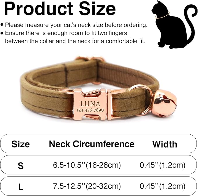 Personalized Non-Breakaway Cat Collar with Name, Luxury Soft Velvet Custom Engraved Name Collar with Bell for Kittens & Cats (Warm Gray, S (6.5-10.5 inches))