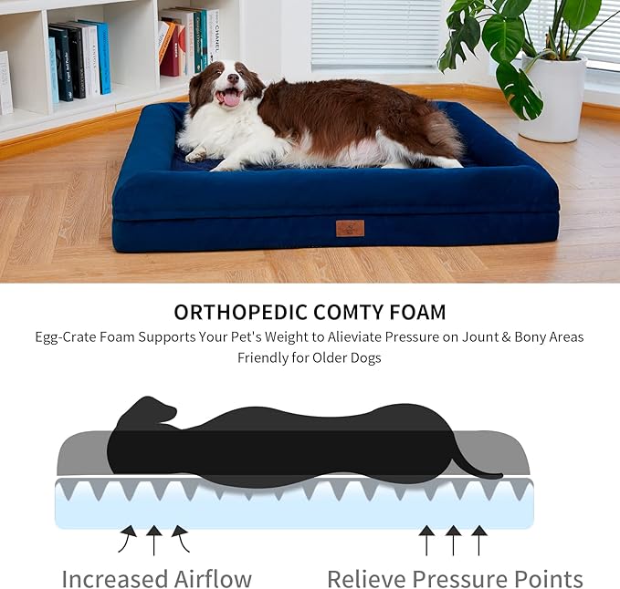 Jumbo Dog Beds for Extra Large Dogs, Waterproof Orthopedic Egg Crate Foam Dog Bed with Removable Bolster Washable Cover, Non-Slip Big Pet Couch for Extra Large Dogs, Blue