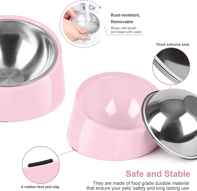Tilted Dog Bowl Non-Slip & Non-Spill Pet Feeder with Elevated Detachable Melamine Stand, Easy to Get Food Dog Dish, L/300ml Pink