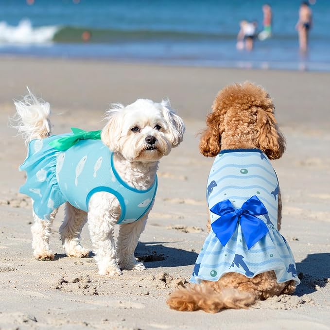 Vehomy 2-Pack Dog Summer Dress Breathable Puppy Cat Dresses with Bowknot Pet Summer Cool Outfits Skirts with Sea Fish Dolphin Patterns for Small Medium Dogs S