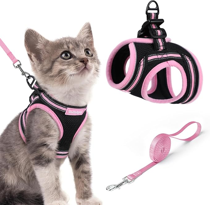 rabbitgoo Cat Harness and Leash Set for Walking Escape Proof, Adjustable Soft Kittens Vest with Reflective Strip for Cats, Comfortable Outdoor Vest, Black & Pink, S