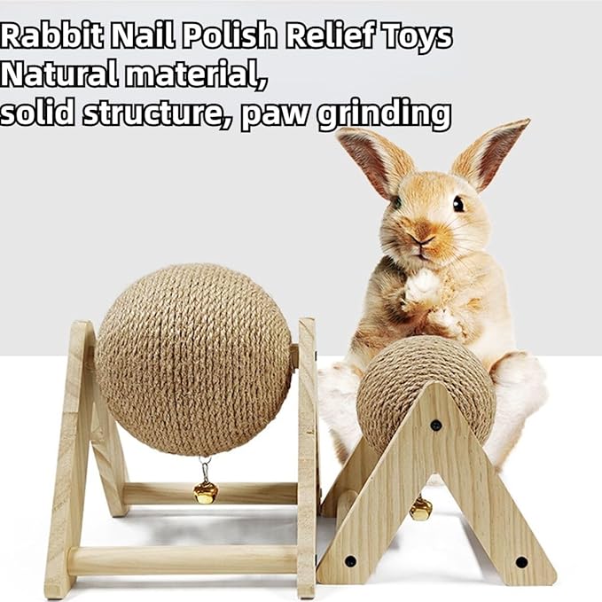 Rabbit Scratch Toy Wooden Natural Sisal Rope Rabbit Scratching Toy Ball Bunny Scratcher with Ball and Bell for Rabbits Bunnies Ferrets Kittens Small Animals (S)
