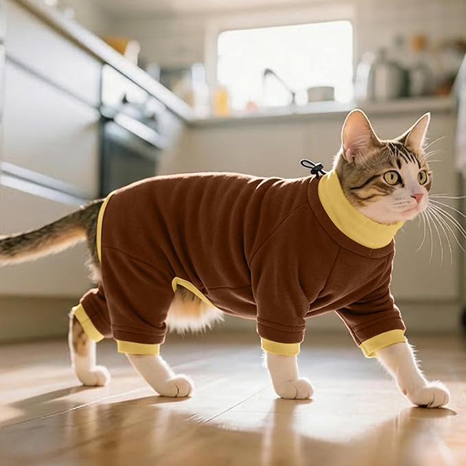 PUMYPOREITY Cat Hair Sticky Sweater, Recovery Suit - Breathable & Lightweight for Post-Surgery Protection, Cat Onsie Prevents Licking Wounds, Brown, 2XL