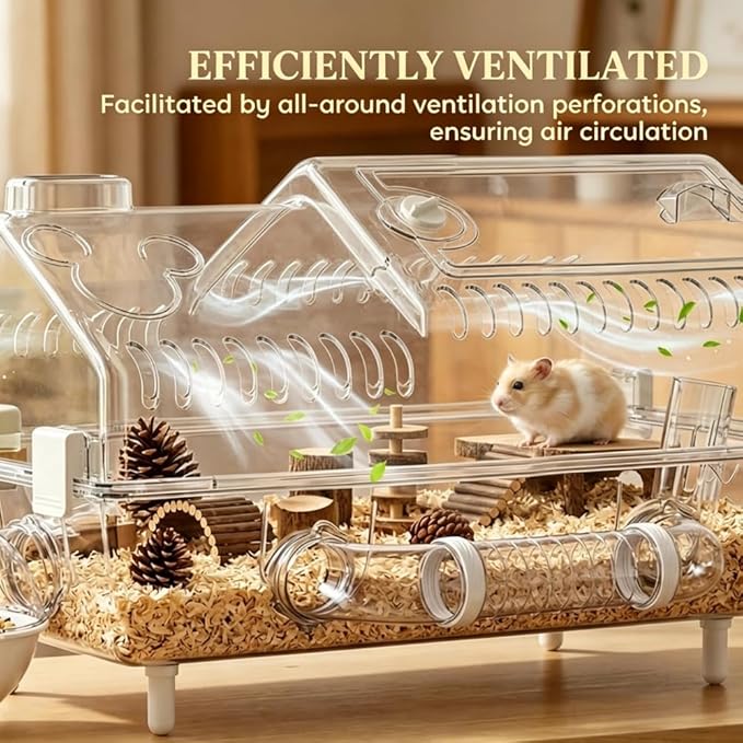 Clear Acrylic Hamster Cage, Villa-Style with Natural Wood Accessories, 8-in-1 Setup, 21.5" x 11.8" x 12.6