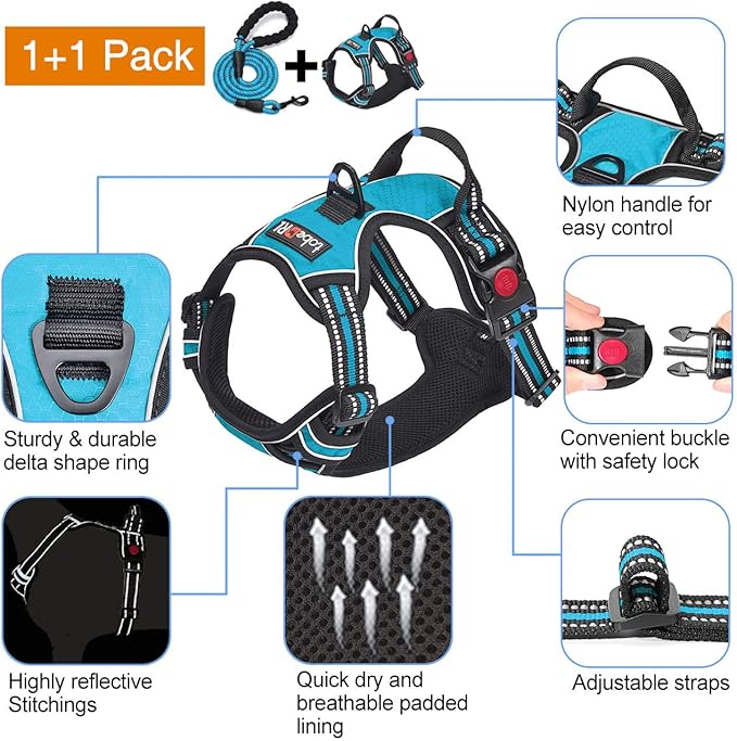 No Pull Dog Harness Adjustable Reflective Oxford Easy Control Medium Large Dog Harness with A Free Heavy Duty 5ft Dog Leash