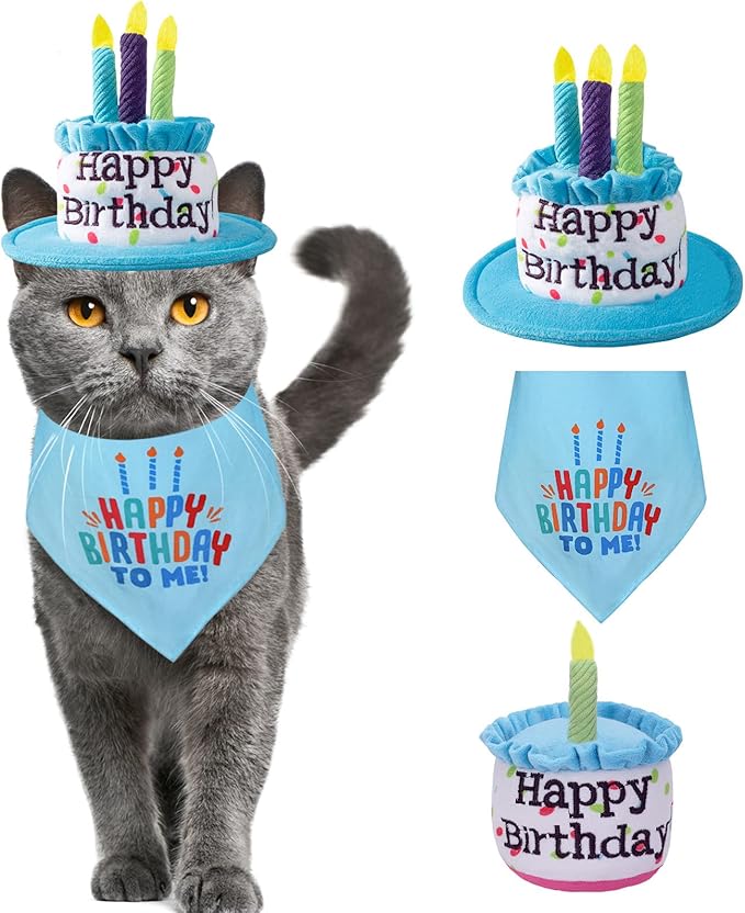 Puppy and Cat Happy Birthday Cake Hat & Bandana Scarfs Set with Colorful Candles Blue for Small Animas, Cat Birthday Party Supplies Decorations