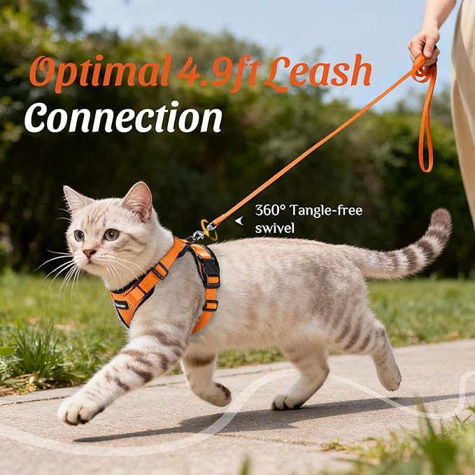 Dooradar Cat Harness and Leash Set, Escape Proof Safe Adjustable Kitten Vest Harnesses for Walking, Easy Control Soft Breathable Mesh Jacket with Reflective Strips for Cats, Orange, S