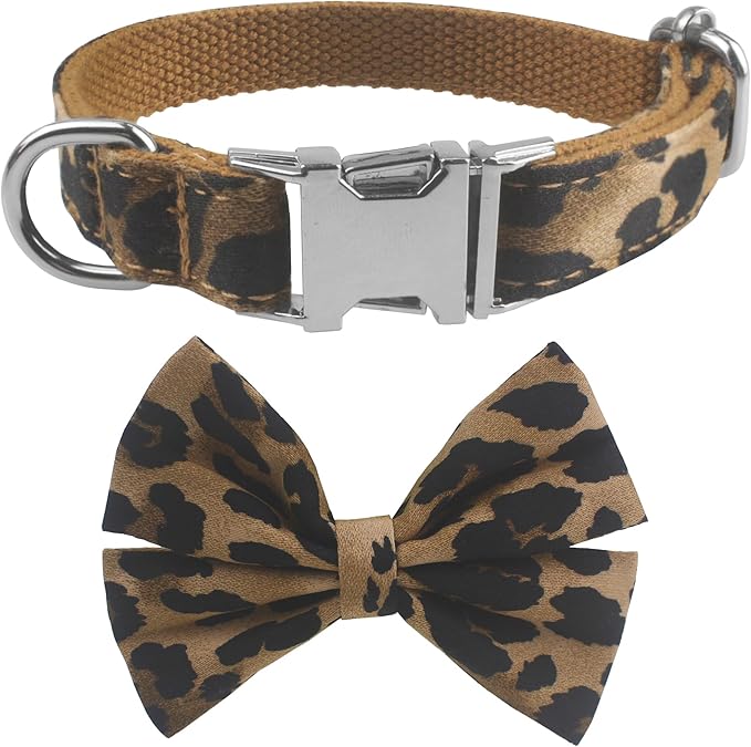Soft Comfortable Adjustable Leopard Print Pet Collar with Bowtie, Heavy Duty Dog Collar and Leash Set for Small Medium Large Dogs Cats, Puppy Grooming Doggy Accessories, Length 12"-16"