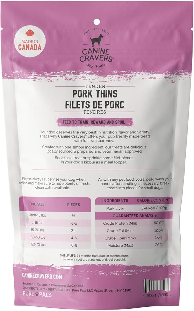 Canine Cravers Single Ingredient Dog Treats – Pork Thin Tenders - Human Grade Air Dried Hypoallergenic Pet Food – Grain, Gluten, and Soy Free – 100% All Natural - 5.3 oz