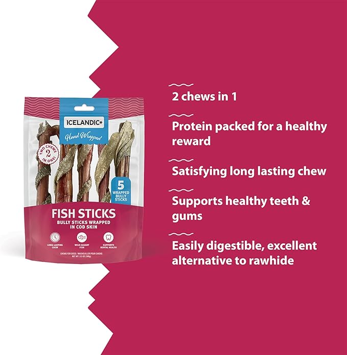 Icelandic+ Fish Sticks - Bully Stick Wrapped in Cod Skin - 5 Pack, 6" - Dog Treats, 2 Ingredient Chews, Hand-Wrapped Wild-Caught Fish, Pet Snacks