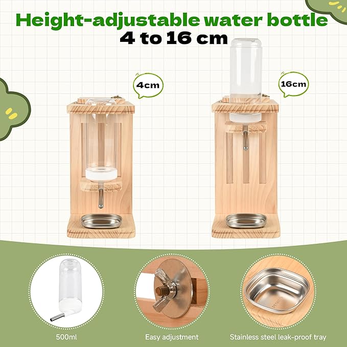 Small Animals Hay Rack with Height-Adjustable Water Bottle.Natural Wood. Wooden Bunny Hay Holder Feeder for Rabbit, Guinea Pig, Hamster, Hedgehog, Chinchillas