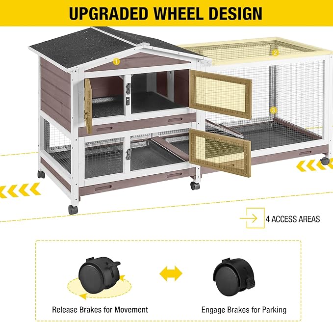Aivituvin Rabbit Hutch 62" Rabbit Cage Indoor Outdoor Guinea Pig Cage on Wheels Bunny Cage with 3 Deep No Leakage Pull Out Tray,Waterproof Roof (Brown)