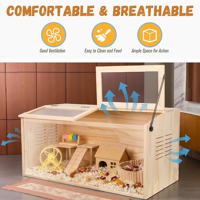 Wooden Hamster Cage,40" L x 20" W x 20" H Animal Cabinet for Dwarf Syrian Hamsters Degus, Hamster Habitat with Openable Top and Large Acrylic Sheets.