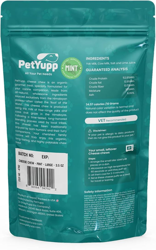 1 Large Mint Yak Cheese Himalayan Dog Chews - Rich Protein & Low Fat Mint Yak Chews for Dogs - Gluten-Free & Lactose-Free Treats for Small, Medium & Large Dogs