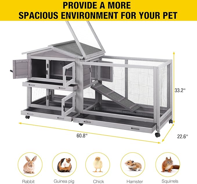 Aivituvin Rabbit Hutch 62" Rabbit Cage Indoor Outdoor Guinea Pig Cage on Wheels Bunny Cage with 3 Deep No Leakage Pull Out Tray,Waterproof Roof (Grey)
