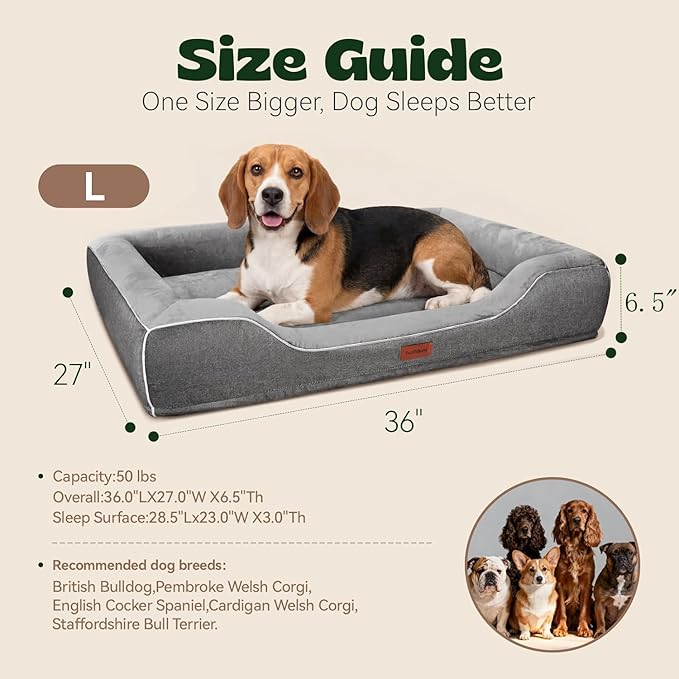 Orthopedic Dog Beds Large Sized Dog with Removable Faux Fur Washable Covers,Waterproof Pet Couch Bed with Cooling Gel Memory Foam and Bolster Side for Big Breed Pets,36" x 27" x 6.5" Dark Grey