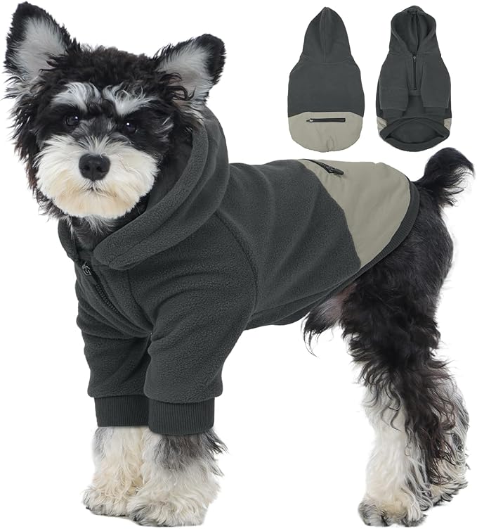 Nanaki Dog Hoodie for Small Dogs Girl Boy, Warm Fleece Dog Sweater with Hood & Pocket- Long Sleeve Sweatshirt for Fall Winter Spring, Adjustable Half-Zip Puppy Pullover Coats for Cold Weather Grey XS