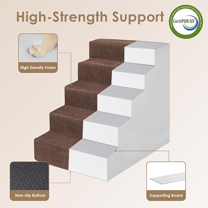 EHEYCIGA Dog Stairs for High Bed 25" H, 5-Step Extra Wide Dog Steps for Bed, Pet Steps for Small Dogs and Cats, Non-Slip Balanced Pet Ramp Indoor, Brown