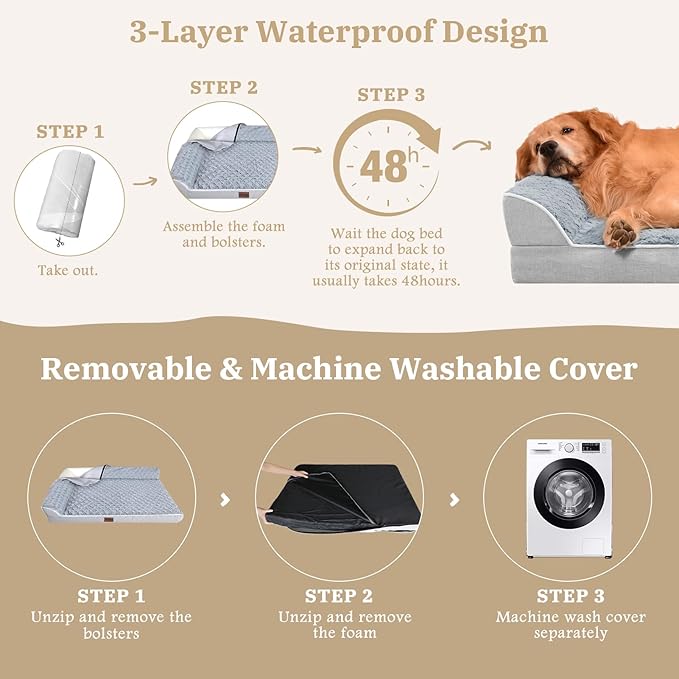 Comfort Expression XXL Dog Bed with Bolsters, Extra Large Dog Beds Orthopedic, Waterproof Dogs Beds for Giant Dogs, Pet Couch Bed with Removable Washable Cover and Nonskid Bottom(XX-Large,Grey)