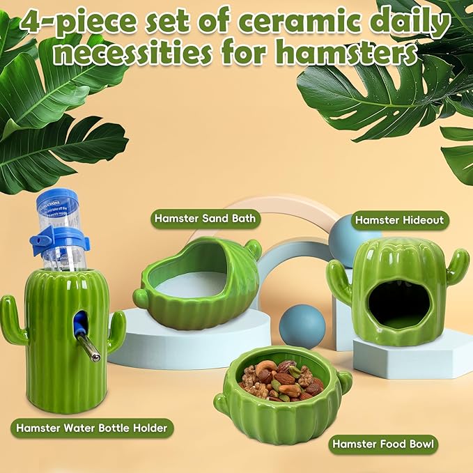 PINVNBY Ceramic Hamsters Hideout, Cactus Ceramic Dwarf Hideout, Hamster Water Bottle, Sand Bath, Food Bowl & 125ML Water Bottle Holder for Dwarf Hamster Cage Accessories