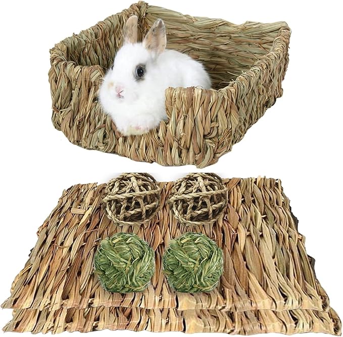 Hamiledyi Rabbit Grass Bed Natural Handmade Hay Mat Chew Balls for Rabbit Gerbil Chinchilla Guinea Pig Ferret Other Small Animals