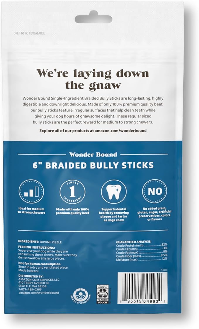 Amazon Brand - Wonder Bound Braided Bully Sticks, All-Natural, Highly Digestible, Long Lasting Dog Beef Treats, 6 inch, 3 Count
